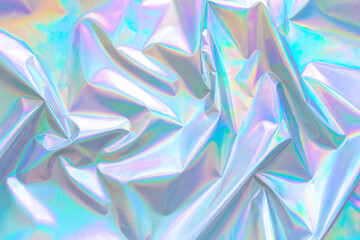 Abstract Modern pastel colored holographic background in 80s style. Crumpled iridescent foil...