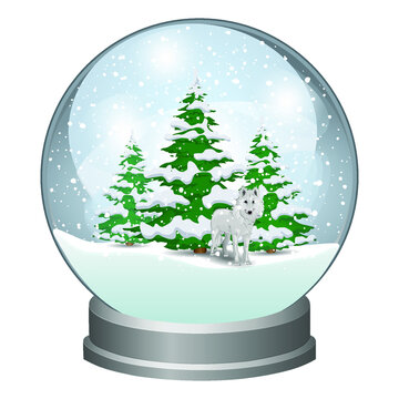 Snow globe with Christmas trees and wild animals. Wild wolf in winter. Winter fairy tale. Vector illustration.