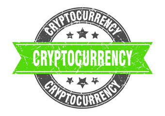 cryptocurrency round stamp with ribbon. label sign