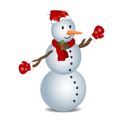 Snowman with a red scarf, hat and mittens on a white background. Vector illustration