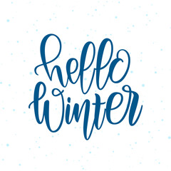 Vector illustration: Hello Winter elegant modern brush lettering on white snowflakes background.