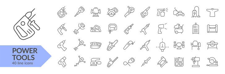 Power tools line icon set. Isolated signs on white background. Vector illustration. Collection - obrazy, fototapety, plakaty