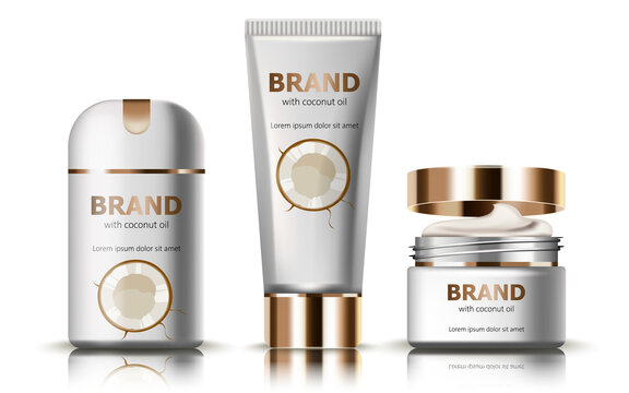 Download Set Of Deodorant And Creams With Coconut Oil Realistic 3d Mockup Product Placement Place For Text Stock Vector Adobe Stock
