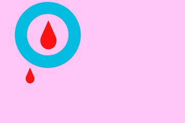 Fototapeta premium Blue circle isolated on rose background with some drops of blood as a symbol of diabetes. World diabetes day concept, 14 November.