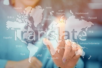 Concept of translation from different languages on an abstract world map - obrazy, fototapety, plakaty