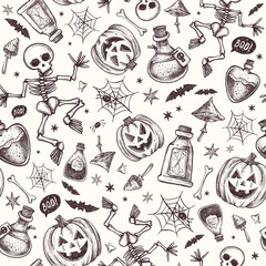 Halloween seamless pattern. Vector Hand Drawn. Skeleton, pumpkin, candle, bones, spider web, mushrooms, potion, poison, bats. Line art. Sketch Illustration.