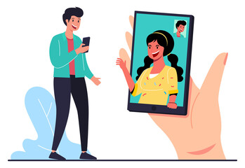 Two people on video calls, working from home, modern flat illustration design for websites