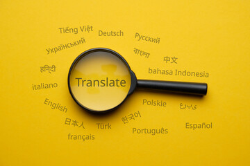 International language translation search concept with magnifying glass