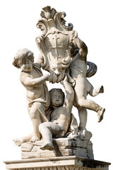 Fototapeta na wymiar Putti fountain isolated on white Background, Square of Miracles (Piazza dei Miracoli), Pisa, Tuscany, Italy. Three marble cherubs support the coat of arms of the city. Sculptor, Giovanni Antonio Cybei