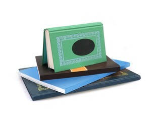 Stack of books in colour covers with white sheets isolated on a white background