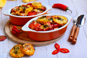 Orange stewpan with baked vegetables on a round board, close-up.