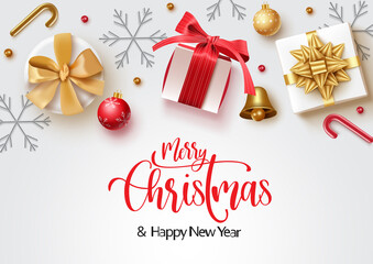 Fototapeta na wymiar Christmas vector background banner design. Merry christmas greeting text with colorful xmas decoration elements for christmas card. Vector illustration 
