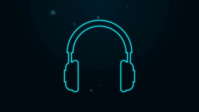 Glowing neon line Headphones icon isolated on black background. Earphones sign. Concept object for listening to music, service, communication and operator. 4K Video motion graphic animation.