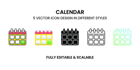 Calendar vector icon in colored outline, flat, glyph, line and gradient