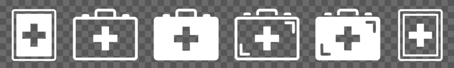 First Aid Kit Icon White | Emergency Box Illustration | Medical Help Symbol | Paramedic Bag Logo | Cross Sign | Isolated Transparent | Variations