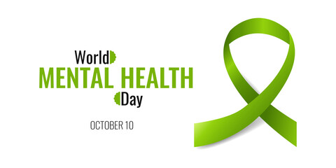 10 october World Mental Health Day. Green ribbon with text on white background. Vector illustration