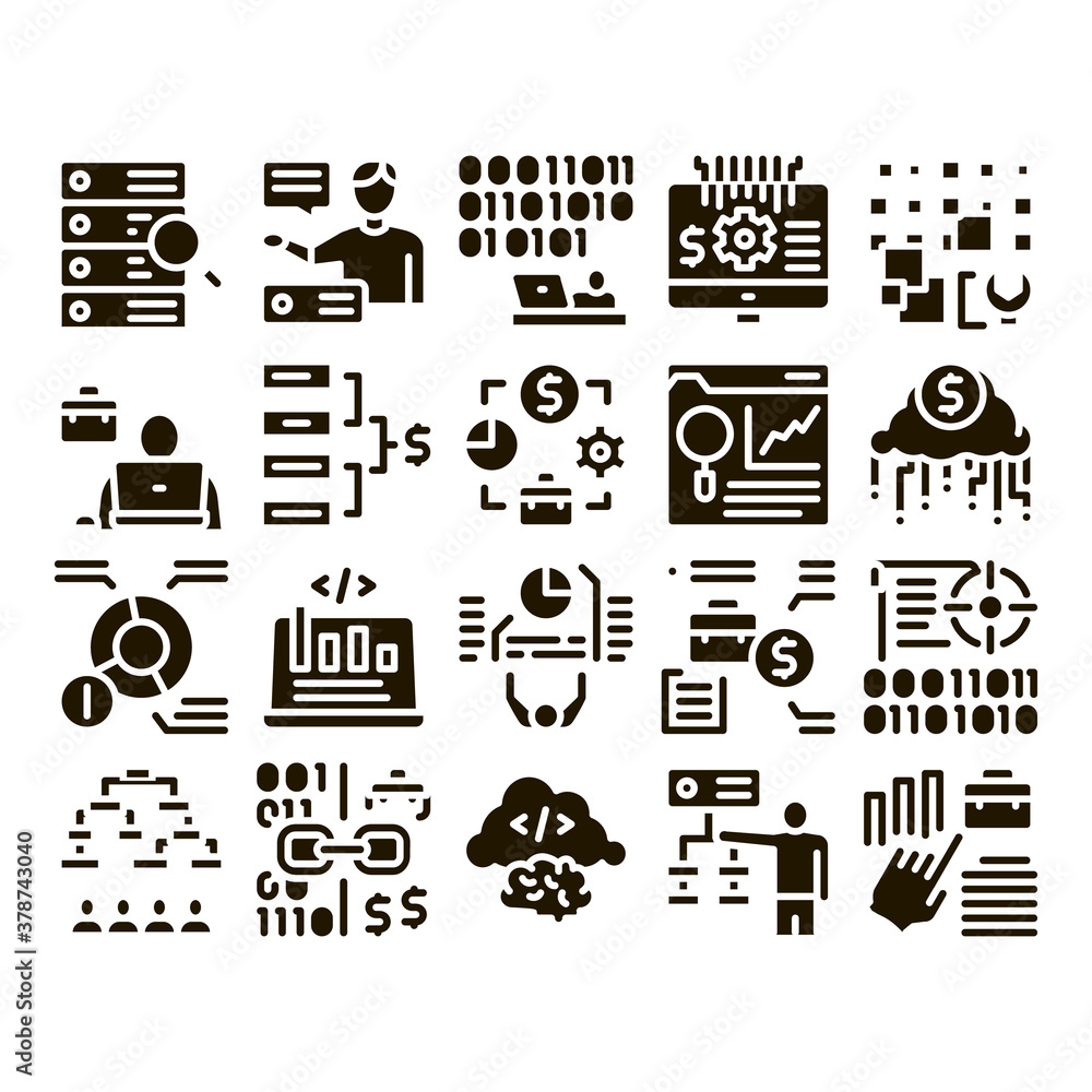 Poster data scientist worker glyph set vector. server and web site research, programmer and data scientist,
