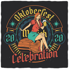 Obraz premium T-shirt or poster design with illustration of girl sitting on beer barrel. Ready apparel design.