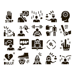 Bullying Aggression Glyph Set Vector. Internet Bullying And Name-calling, Beating And Showing Indecent Gesture Glyph Pictograms Black Illustrations
