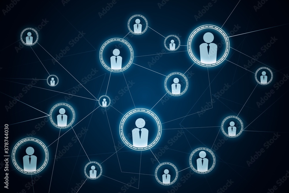 Poster abstract virtual social network icons on blue background. marketing and promotion concept. 3d render