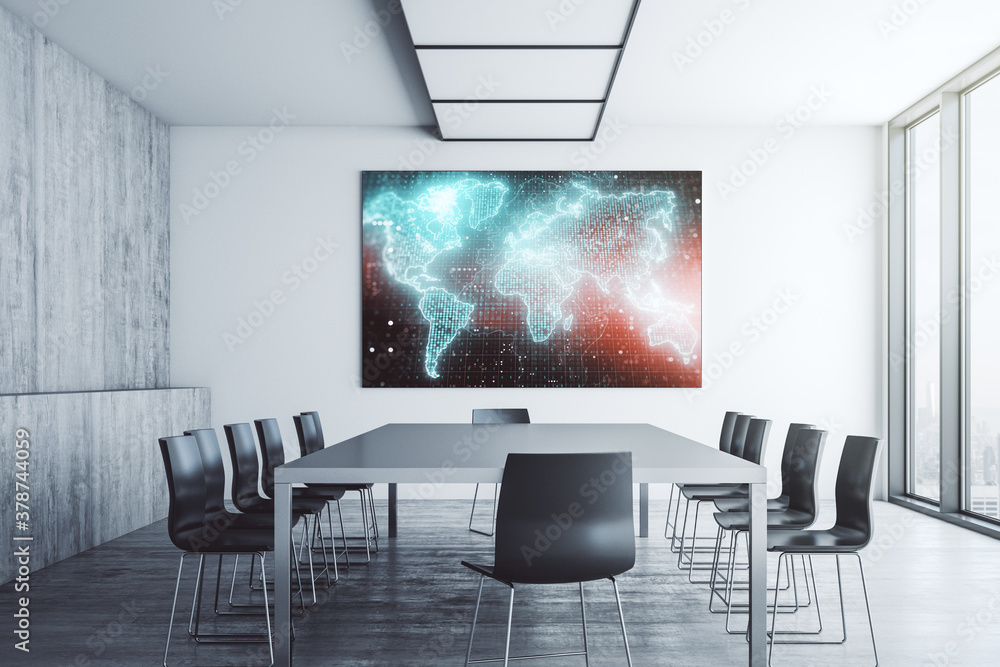 Leinwandbilder abstract graphic world map on tv display in a modern presentation room, big data and networking conc