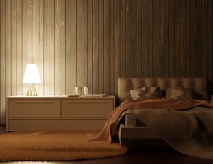 Night interior of the bedroom. Large double bed. Wooden wall and backlighting. 3D rendering.