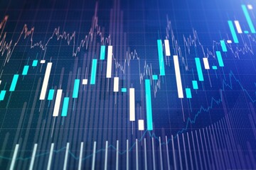 Abstract virtual financial graph on blue background, financial and trading concept. 3D Rendering