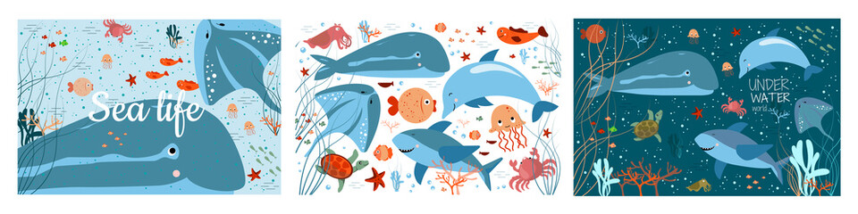 Sea life. Underwater world. set. whale, shark, dolphin, crab, starfish, algae, jellyfish, stingray. children's wallpaper. © Elena