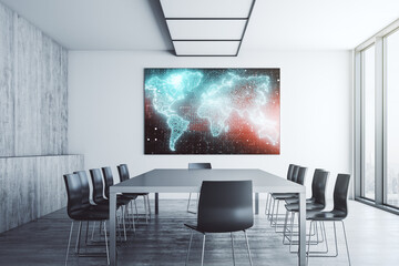 Abstract graphic world map on tv display in a modern presentation room, big data and networking concept. 3D Rendering