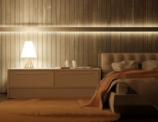 Night interior of the bedroom. Large double bed. Wooden wall and backlighting. 3D rendering.