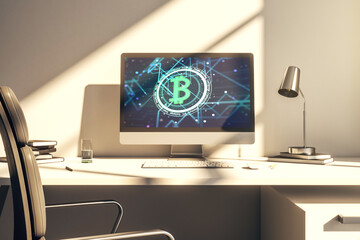 Creative Bitcoin concept on modern laptop screen. 3D Rendering
