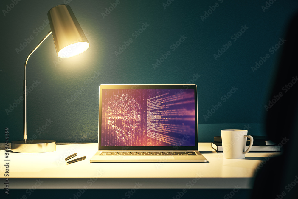 Leinwandbilder creative code skull sketch on modern laptop monitor, theft of personal data and malware concept. 3d 