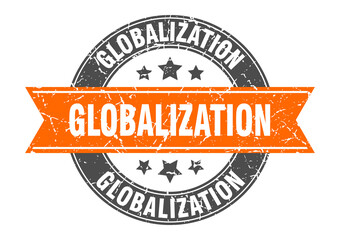 globalization round stamp with ribbon. label sign