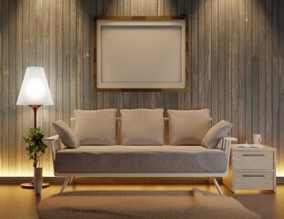 An empty frame over the sofa in the night interior. Template for inscriptions and drawings. 3D rendering.
