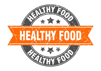 Fototapeta premium healthy food round stamp with ribbon. label sign