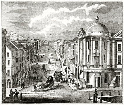 Top front view of State Street, Albany, U.S. Ancient engraving style art by unidentified author, The Penny Magazine, London, 1837