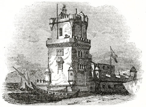 Belem Tower, Portugal. Old single high edifice fronting the sea. Ancient engraving style art by unidentified author, The Penny Magazine, London 1837
