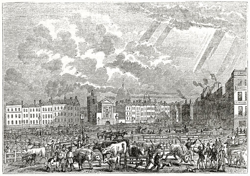 Old outdoor overall view of busy Smithfield cattle market, London. Ancient engraving style art by unidentified author, The Penny Magazine, London 1837