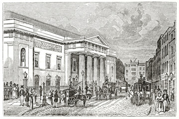 Old outdoor view of Covent Garden theater, London, in a busy street with people and carriages. Ancient engraving style art by unidentified author, The Penny Magazine, London 1837