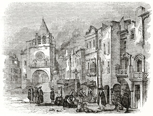 Old city foreshortening of Elvas, Portugal. Low buildings and people in street. Ancient engraving style art by unidentified author, The Penny Magazine, London 1837