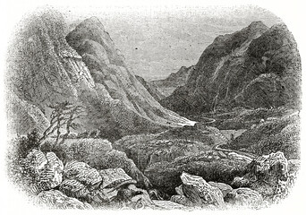 Old rocky landscape of Glencoe, Scottish Highlands. Ancient engraving style art by unidentified author, The Penny Magazine, London 1837 - obrazy, fototapety, plakaty