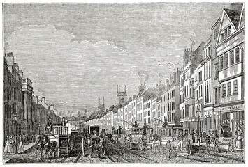 Large London old street walked by carriages with long building line in background. Holborn from Middle Row. Ancient engraving style art by unidentified author, The Penny Magazine, London 1837 - 378746610