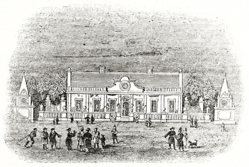Old facade view of the Ice palace in St. Petersburg, Russia and people talking in the front square. Ancient engraving style art by unidentified author, The Penny Magazine, London 1837