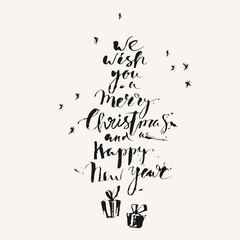 Hand drawn ink Christmas and new year background, with grungy calligraphy, present boxes, snowflakes.