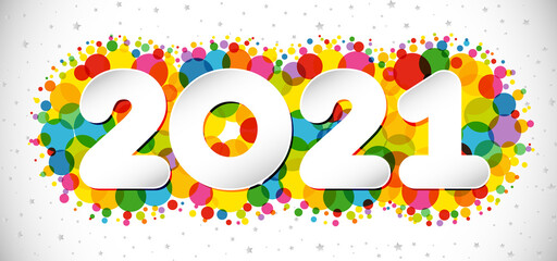 2021 A Happy New Year sign, congrats concept. Horizontal logotype. Snowy white backdrop. Abstract isolated graphic design template. Decorative numbers. Colored digits. Creative Christmas decoration.