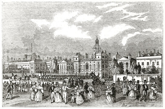 Old Horse Guards Parade and old admiralty, London, on big outdoor square with buildings on background. Ancient engraving style art by unidentified author, The Penny Magazine, London 1837