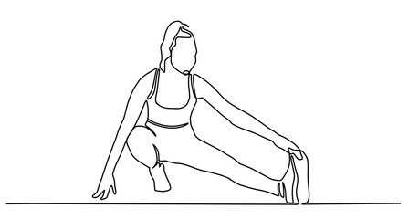 Woman stretching legs fitness. Continuous one line drawing. Vector illustration. Woman stretching her legs and arms on yoga exercise. Energetic girl doing exercise in yoga continuous one line drawing