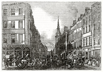 Large front view of Ludgate street, London, with buildings, commercial carriages and people. Ancient engraving style art by unidentified author, The Penny Magazine, London 1837