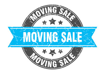 moving sale round stamp with ribbon. label sign