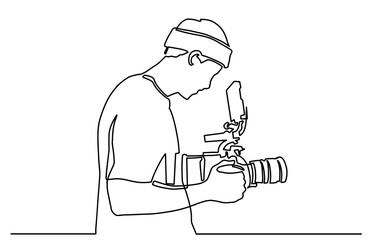 Young tourist man photographer with a camera takes pictures. One line drawing isolated vector object by hand on a white background. Continuous single drawn one line operator with camera